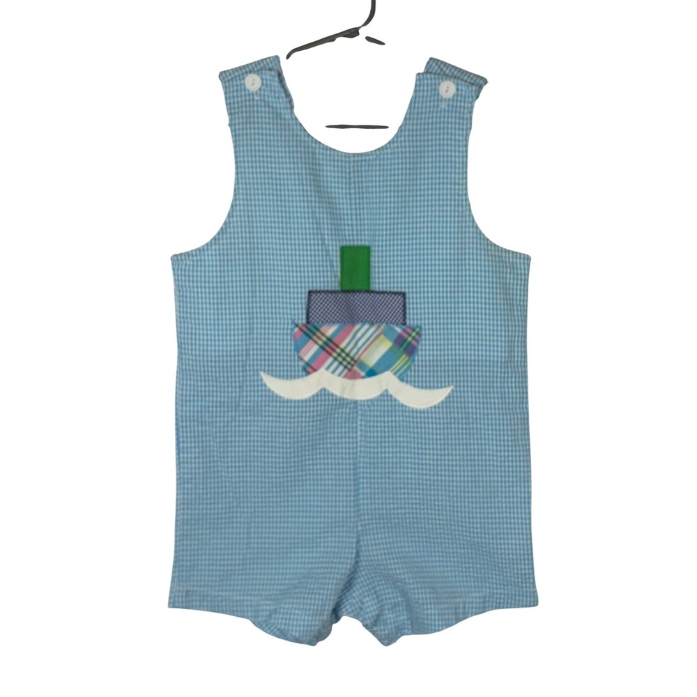 Funtasia Too Boys 3T Blue Gingham Sailboat Applique Jon Jon Romper Made in USA